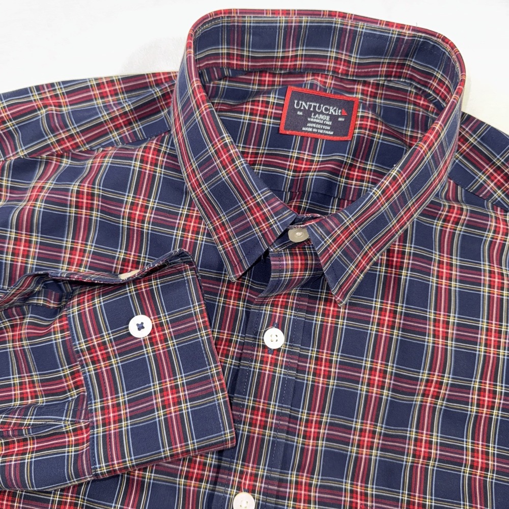 UNTUCKit Morino WF Men's L Navy Red Plaid Cotton L/S Button Up Shirt